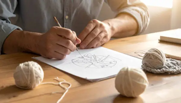 Ręce rysują skomplikowane crochet charts. Na stole leżą kłębki włóczki i gotowy fragment robótki.